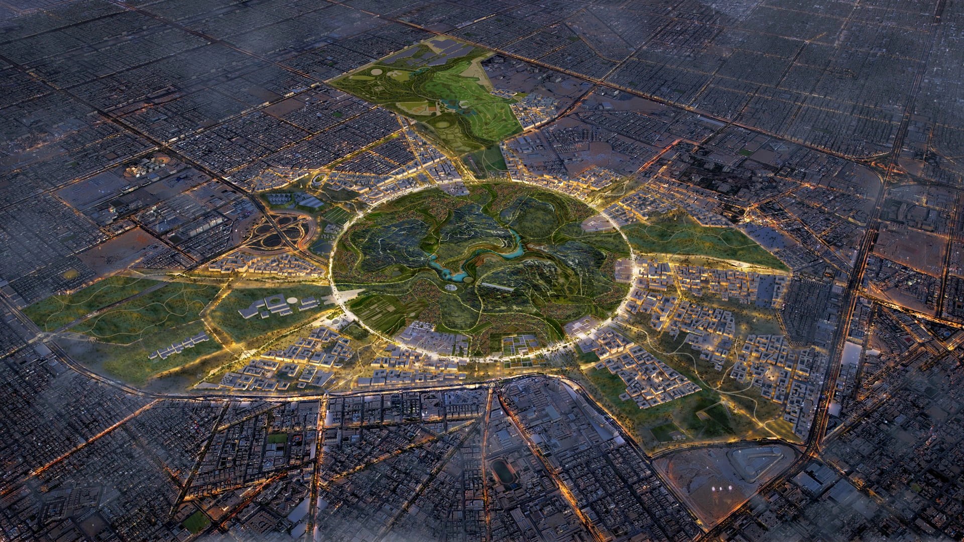 Aerial rendering of King Salman Park at dusk, a vast circular green park glowing at the center of Riyadh